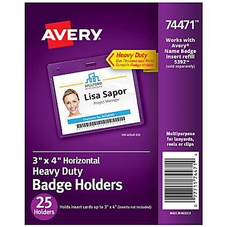 Avery® Secure Top Badge Holders, Horizontal Prepunched, 3" x 4" Badge, Clear, Box Of 25