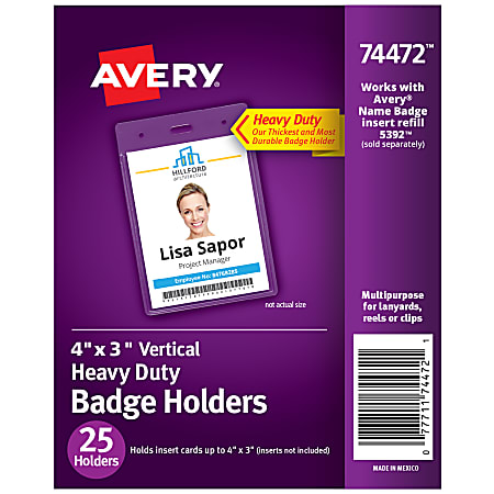 Avery® Secure Top Badge Holders, Vertical Prepunched, 4" x 3" Badge, Clear, Box Of 25