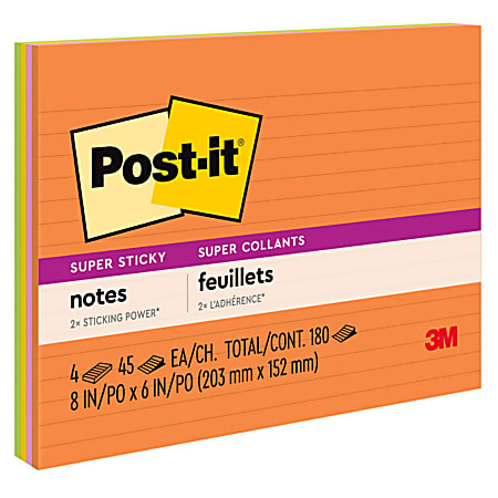 Post-it Super Sticky Notes, 8 in x 6 in, 4 Pads, 45 Sheets/Pad, 2x the Sticking Power, Energy Boost Collection, Lined