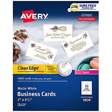 Avery® Printable Clean Edge® Business Cards With Sure Feed® Technology For Laser Printers, 2" x 3-1/2", White, Pack Of 1,000 Blank Cards
