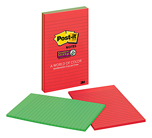 Post-it Super Sticky Notes, 5" x 8", Playful Primaries Collection, Lined, Pack Of 4 Pads