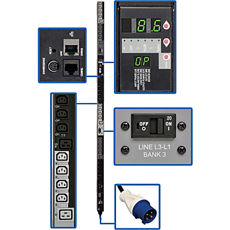 Tripp Lite PDU 3-Phase Switched 240V 10kW IEC-309 24 C13 6 C19 0URM TAA - 24 x IEC 60320 C13, 6 x IEC 60320 C19 - 10 kVA - 0UVertical Rackmount, Toolless-mount