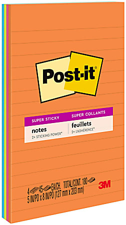 Post-it® Super Sticky Notes, 5" x 8", Energy Boost Collection, Lined, Pack Of 4 Pads