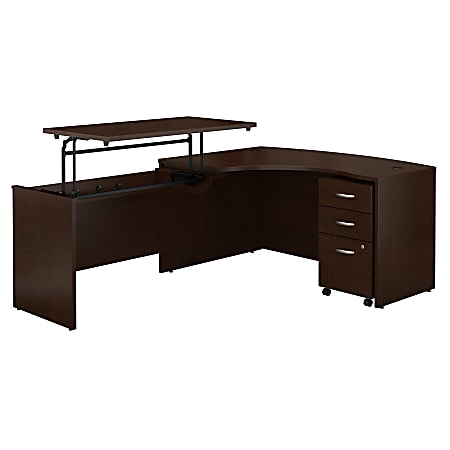 Bush Business Furniture Components 60"W Left Hand 3 Position Sit to Stand L Shaped Desk with Mobile File Cabinet, Mocha Cherry, Premium Installation