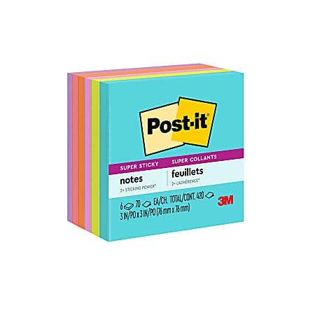 Post-it® Super Sticky Notes, 3 in. x 3 in., Supernova Neons Collection, 6 Pads/Pack, 70 Sheets/Pad