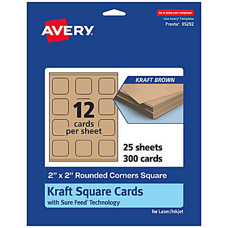 Avery® Printable Note Cards With Sure Feed® Technology, 2" x 2" Square Rounded Corners, Kraft Brown, Pack Of 300