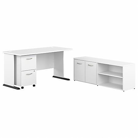 Bush® Business Furniture Studio A 60"W Computer Desk With Mobile File Cabinet And Low Storage Cabinet, White, Standard Delivery