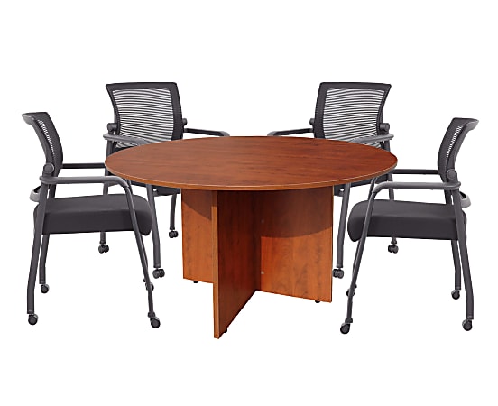 Boss Office Products 47" Round Table And Mesh Guest Chairs With Casters Set, Cherry/Black