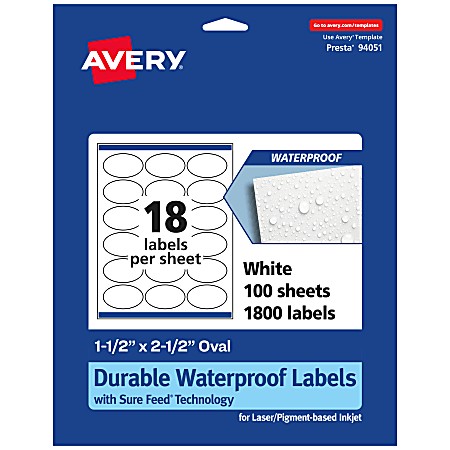 Avery® Waterproof Permanent Labels With Sure Feed®, 94051-WMF100, Oval, 1-1/2" x 2-1/2", White, Pack Of 1,800