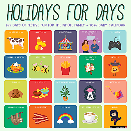 2026 Willow Creek Press Humor & Comics Monthly Wall Calendar, 12" x 12", Holidays for Days, January To December, 51481