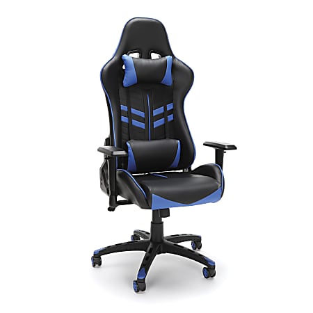 Essentials By OFM Racing-Style Bonded Leather High-Back Gaming Chair, Blue/Black