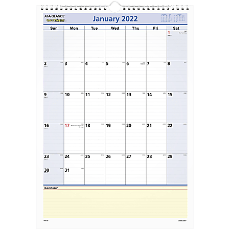 AT-A-GLANCE® QuickNotes Monthly Wall Calendar, 12" x 17", January To December 2022, PM5228