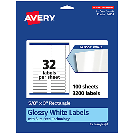 Avery® Glossy Permanent Labels With Sure Feed®, 94214-WGP100, Rectangle, 5/8" x 3", White, Pack Of 3,200