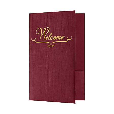 LUX Welcome Folders, 5 3/4" x 8 3/4", Burgundy Linen/Gold Foil, Pack Of 25 Folders