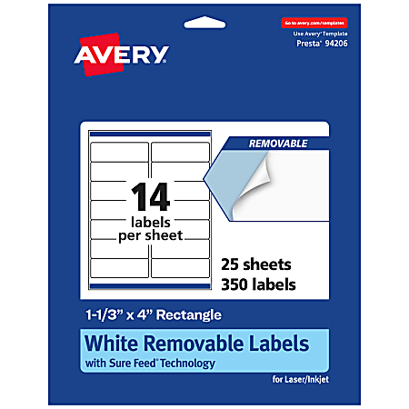 Avery® Removable Labels With Sure Feed®, 94206-RMP25, Rectangle, 1-1/3" x 4", White, Pack Of 350 Labels