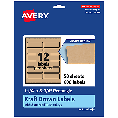 Avery® Kraft Permanent Labels With Sure Feed®, 94228-KMP50, Rectangle, 1-1/4" x 3-3/4", Brown, Pack Of 600