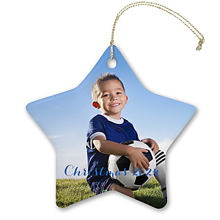 Custom Full-Color Photo Ceramic Keepsake Holiday Ornament With Gold Cord, Star Shape, 3" x 3”