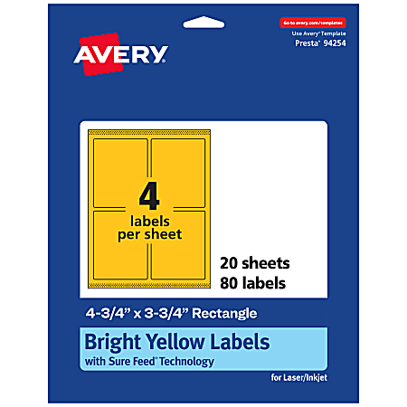 Avery® Print-To-The-Edge Labels With Sure Feed® Technology And Easy Peel®, 94254-BYP20, Rectangle, 4-3/4" x 3-3/4", Matte Bright Yellow, Pack of 80
