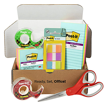 Post-it and Scotch Brand Essentials Pack, 7 Pads of Assorted Super Sticky Notes, 1 Pack Flags, 1 Roll Magic Tape, 1 Roll Super-Hold Tape, 1 Multi-Purpose Scissors