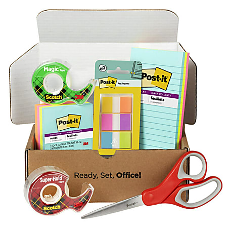 Post-it&reg; and Scotch&reg; Brand Essentials Pack, Super Sticky Notes, Super Hold Tape, Magic Tape, Flags, and Scissors, School Supplies and Office Products
