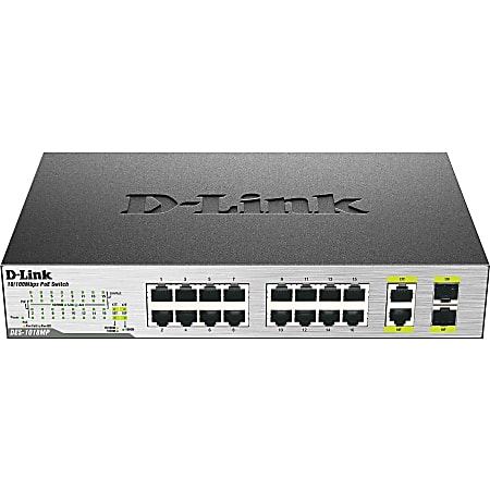 D-Link DES-1018MP 18-Port 10/100 Unmanaged PoE Switch Including 2 1000BASE-T/SFP Combo Ports - 18 Ports - 16 x POE - 2 x RJ-45 - 2 x Expansion Slots - 10/100Base-TX, 10/100/1000Base-T, 1000Base-X - Desktop, Rack-mountable