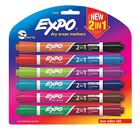 EXPO® 2-in-1 Dry-Erase Markers, Chisel Tip, Assorted Ink Colors, Pack Of 6