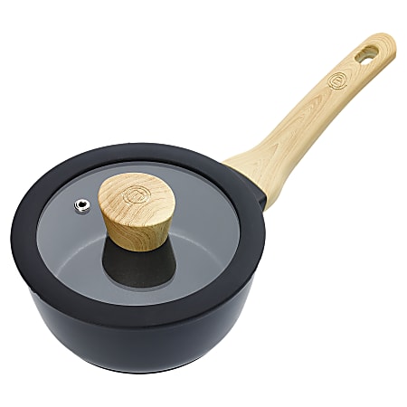MasterChef Aluminum Nonstick Sauce Pan With Tempered Glass Lid And Soft-Touch Bakelite Handle, 7-15/16", Black