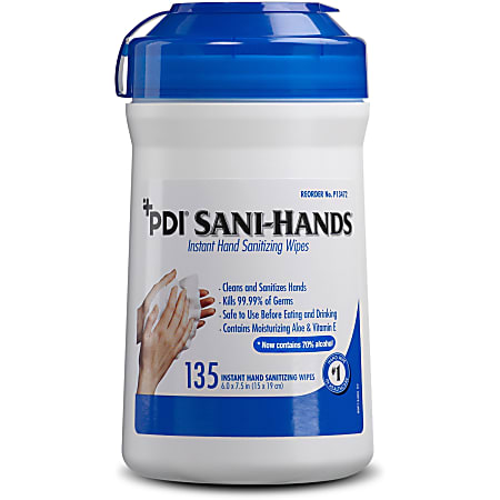 PDI Sani Hands Instant Hand Sanitizing Wipes  6" Width x 7.50" Length  White  135 Per Tub  12 / Carton