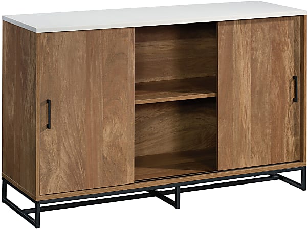 Sauder Tremont Row Modern TV Credenza With Sliding Doors, Sindoori Mango/White