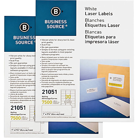 Business Source Premium-Quality Address Labels, 21051CT, Rectangle, 1" x 2-5/8", Bright White, 250 Sheets Per Pack, Carton Of 2 Packs