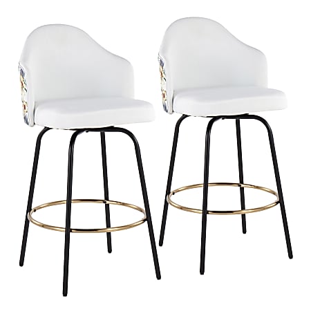 LumiSource Ahoy Floral Counter Stools, White/Black/Gold, Set Of 2 Stools