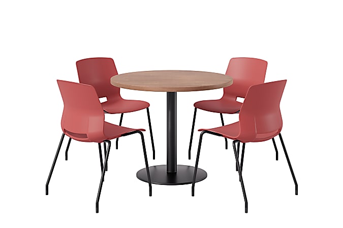 KFI Studios Midtown Pedestal Round  Table Set With Armless Chairs, 31-3/4”H x 22”W x 19-3/4”D, River Cherry Top/Black Base/Coral Chairs, 840031938848