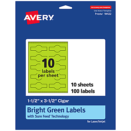 Avery® Print-To-The-Edge Labels With Sure Feed® Technology, 94122-BGP10, Cigar, 1-1/2" x 3-1/2", Matte Bright Green, Pack of 100