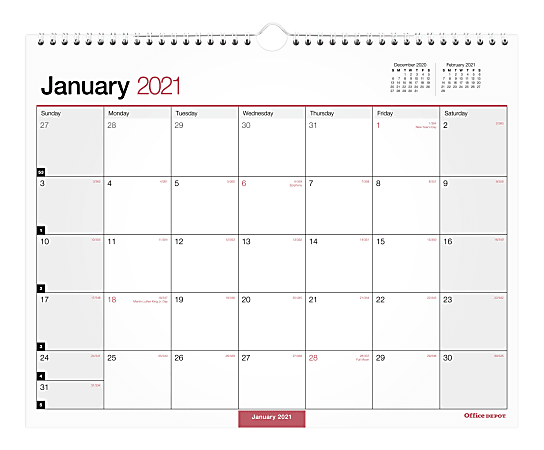 Office Depot® Brand Monthly Wall Calendar, 15" x 12", White, January To December 2021, OD302428