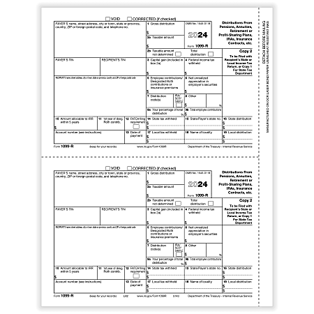 ComplyRight® 1099-R Tax Forms, 2-Up, Payer Copy D and/or State, City or Local, Laser, 8-1/2" x 11", Pack Of 50 Forms
