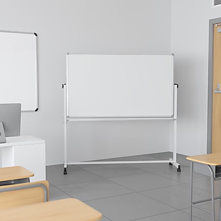 Flash Furniture HERCULES Series Double-Sided Mobile White Board With Pen Tray, 64-3/4"H x 64-1/4"W x 20"D, White, Gray Frame