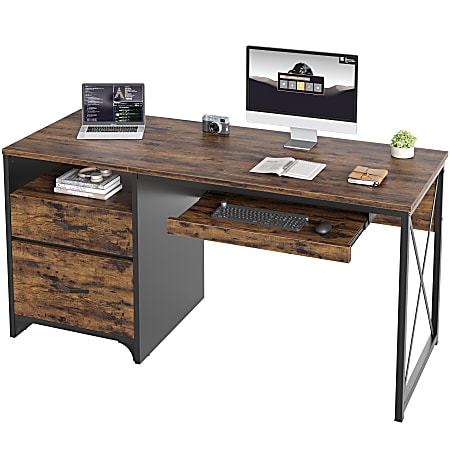 Bestier 56"W Office Computer Desk With Storage File Drawers And Keyboard Tray, Rustic Brown