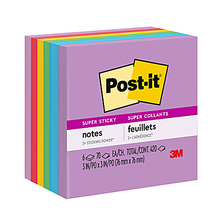 Post it Super Sticky Notes 3 in x 3 in 24 Pads 70 SheetsPad 2x the Sticking  Power Playful Primaries Collection - Office Depot