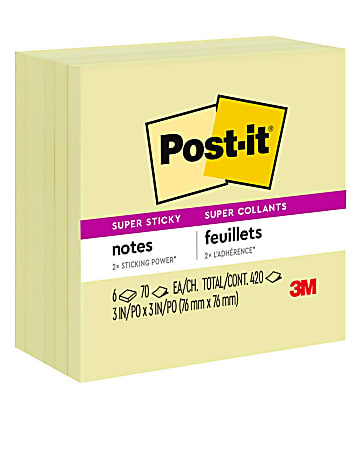 Post-it Super Sticky Notes, 3 in x 3 in, 6 Pads, 70 Sheets/Pad, 2x the Sticking Power, Canary Yellow