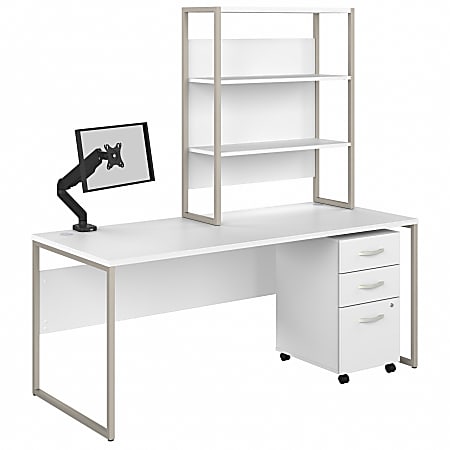 Bush® Business Furniture Hybrid 72"W Computer Desk With Hutch, Mobile File Cabinet And Monitor Arm, White, Premium Installation