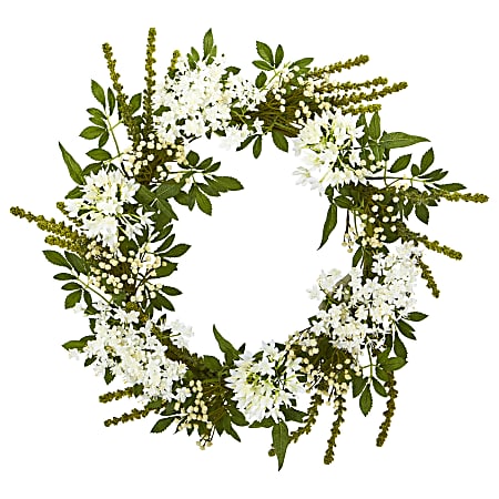 Nearly Natural Mixed Floral 24”H Artificial Wreath, 24”H x 24”W x 5”D, White