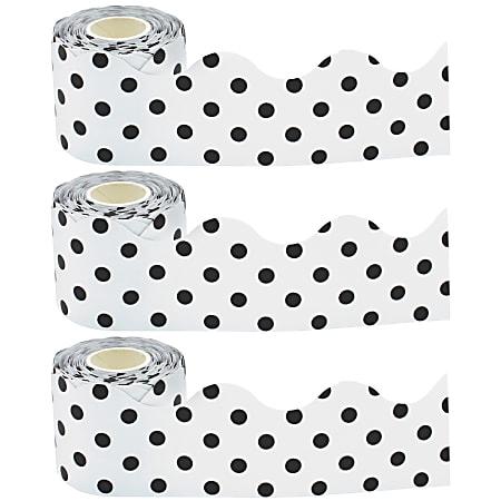 Teacher Created Resources Scalloped Border Trim, Black Polka Dots/White, 50' Per Roll, Pack Of 3 Rolls