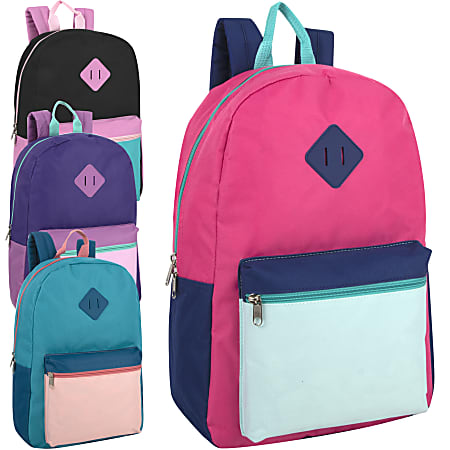 Trailmaker Multicolor Backpacks, Assorted Colors (Black/Carribean; Pink/Carribean; Purple/Plum; Green/Pink), Pack Of 24 Backpacks