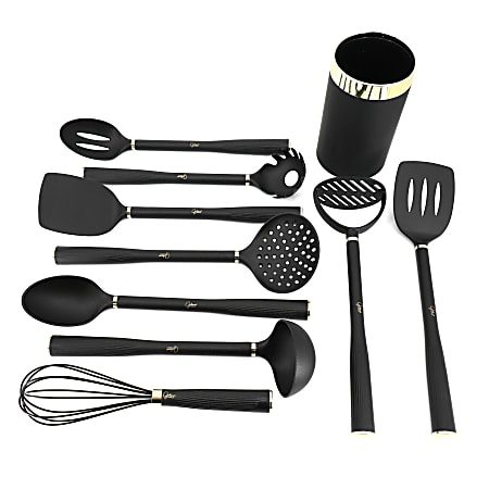 Gibson Home Hampsbridge 10-Piece Nylon Kitchen Tool Set And Utensil Crock, Black/Gold