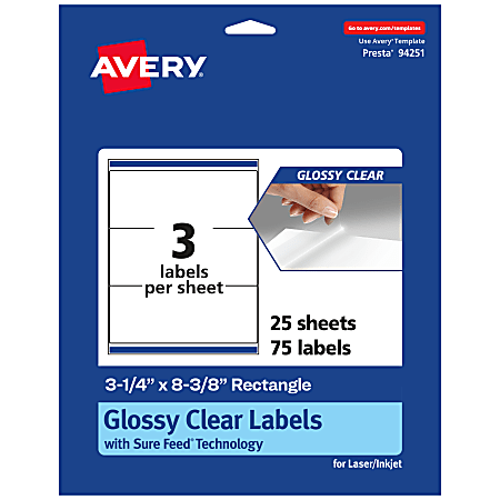 Avery® Glossy Permanent Labels With Sure Feed®, 94251-CGF25, Rectangle, 3-1/4" x 8-3/8", Clear, Pack Of 75