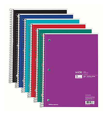 Office Depot® Brand Wirebound Notebook, 3-Hole Punched, 8 1/2" x 10 1/2", 3 Subjects, Wide Ruled, 120 Sheets, Assorted Colors (No Color Choice)