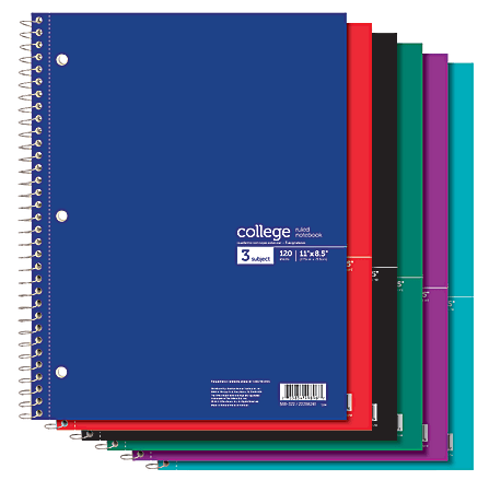 Office Depot® Brand Wirebound Notebook, 8-1/2" x 11", 3 Subjects, College Ruled, 120 Sheets, Assorted Colors (No Color Choice)