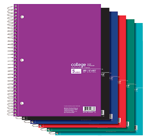 Office Depot® Brand Wirebound Notebook, 8 1/2" x 11", 5 Subjects, College Ruled, 180 Sheets, Assorted Colors (No Color Choice)