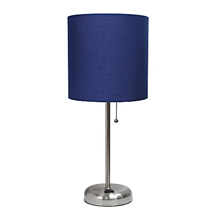 Creekwood Home Oslo Power Outlet Metal Table Lamp, 19-1/2"H, Navy Blue Shade/Brushed Steel Base