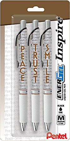 Pentel® EnerGel™ Inspire Retractable Liquid Gel Pens, Medium Point, 0.7 mm, Peace/Trust/Smile, Black Ink, Pack Of 3 Pens
